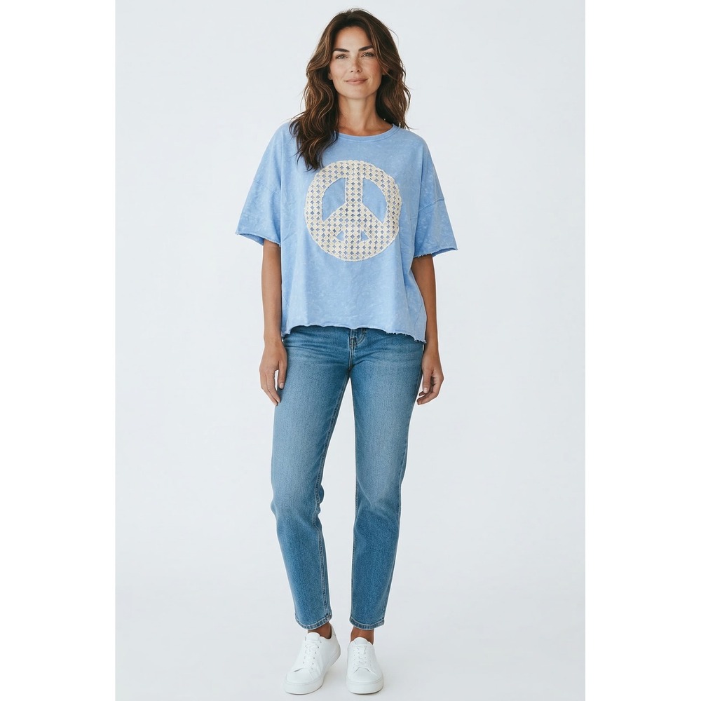NWOT Umgee USA Women Blue Mineral Wash Peace Sign Crochet Lace Boho Top 1XL